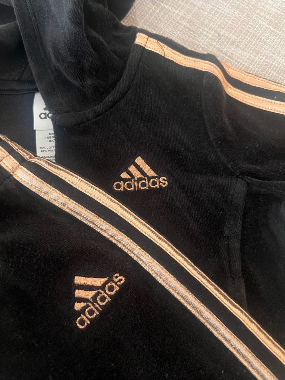 adidas Black Velour Hoodie & Joggers with Gold Trim